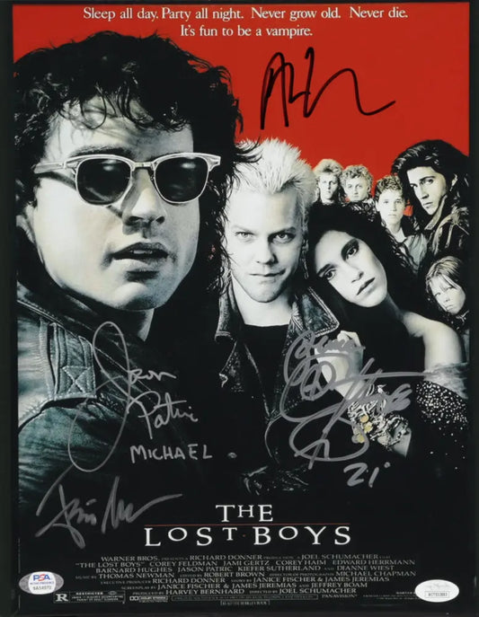 Corey Feldman, Jamison Newlander, Jason Patric, Alex Winter hand signed autographs. The Lost Boys 11x14 movie poster - FansFirst