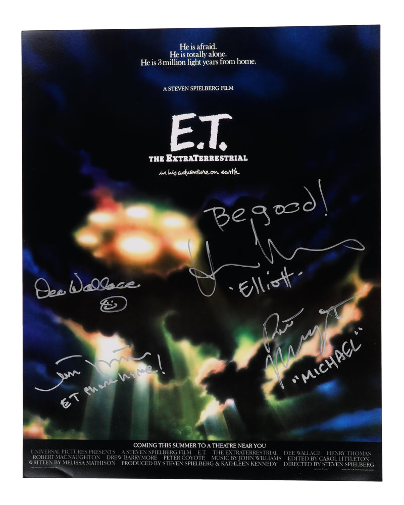 E.T. The Extra-Terrestrial cast signed poster Dee Wallace, Henry Thomas, Matthew DeMeritt &amp; Robert MacNaughton ET