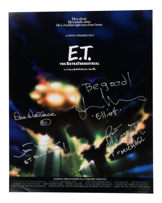 E.T. The Extra-Terrestrial cast signed poster Dee Wallace, Henry Thomas, Matthew DeMeritt & Robert MacNaughton ET