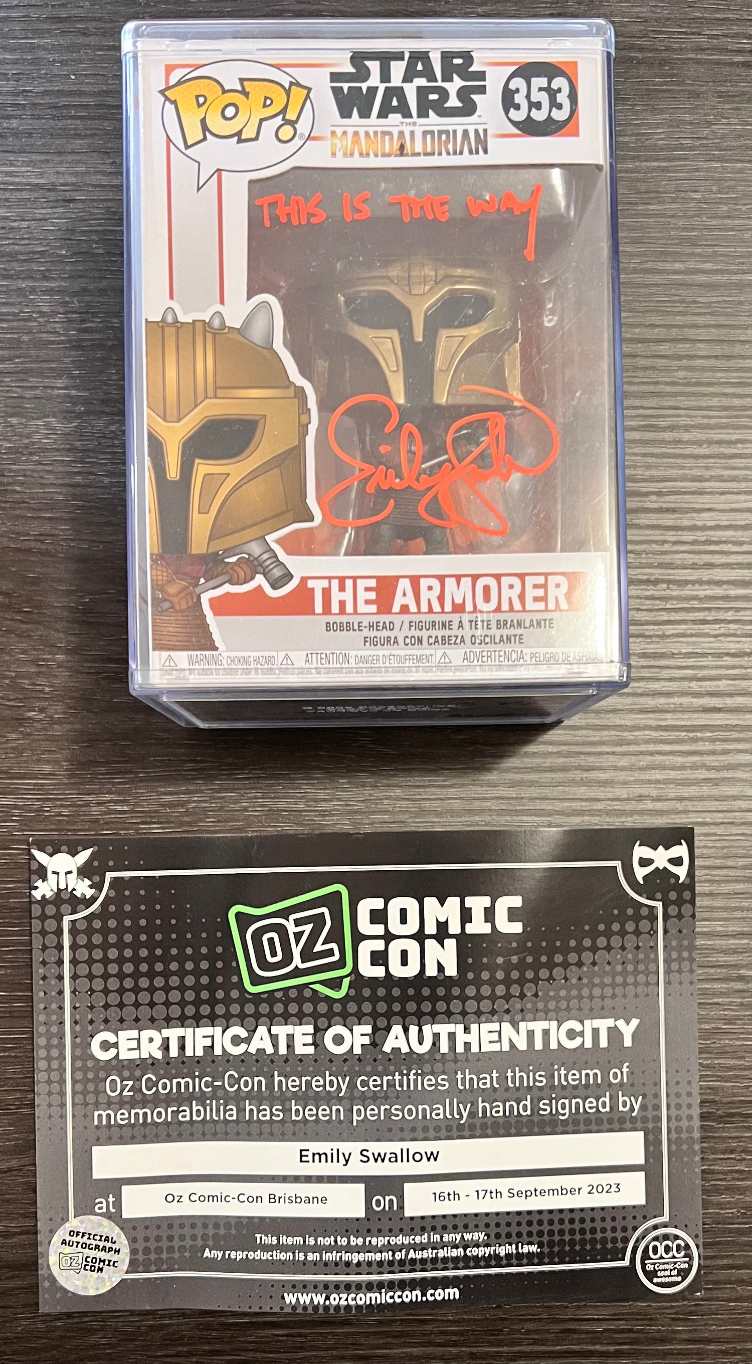 Emily Swallows signed Star Wars The Mandalorian 353 The Armorer Pop Vinyl! Star Wars